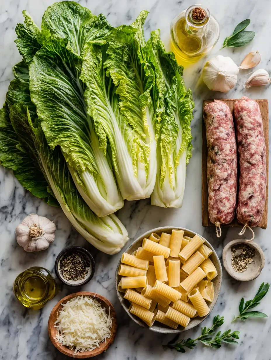 Ingredients for mezzi rigatoni with sausage and escarole