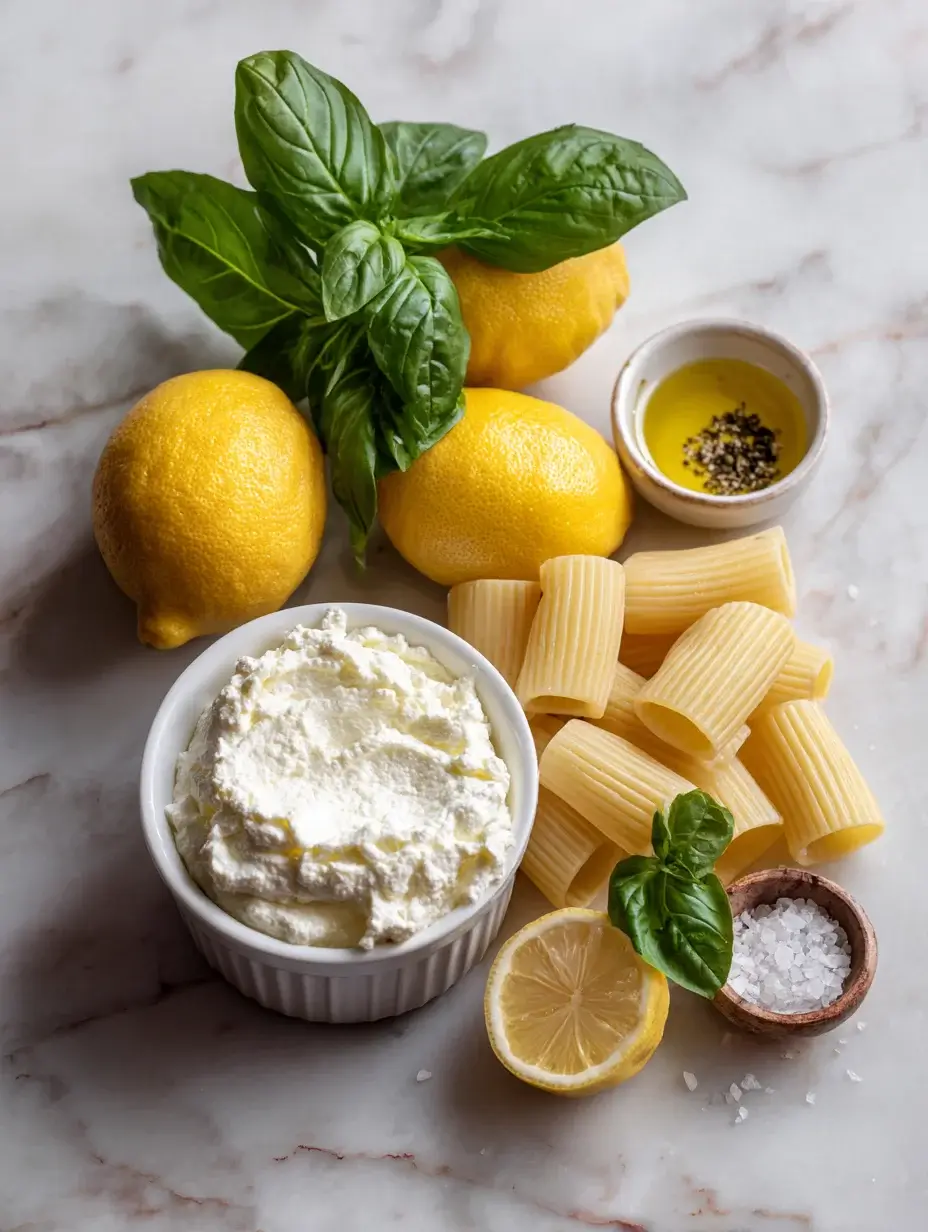ingredients for ricotta and lemon mezzi rigatoni