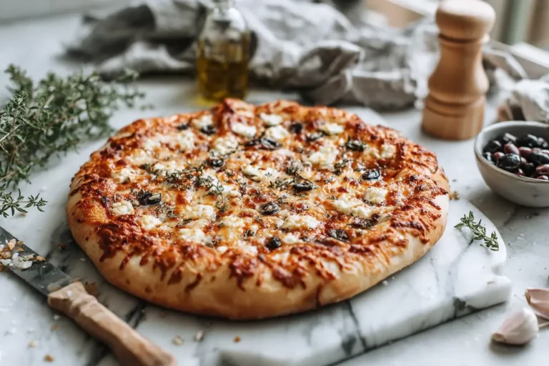 Homemade pizza dough baked crust on marble countertop