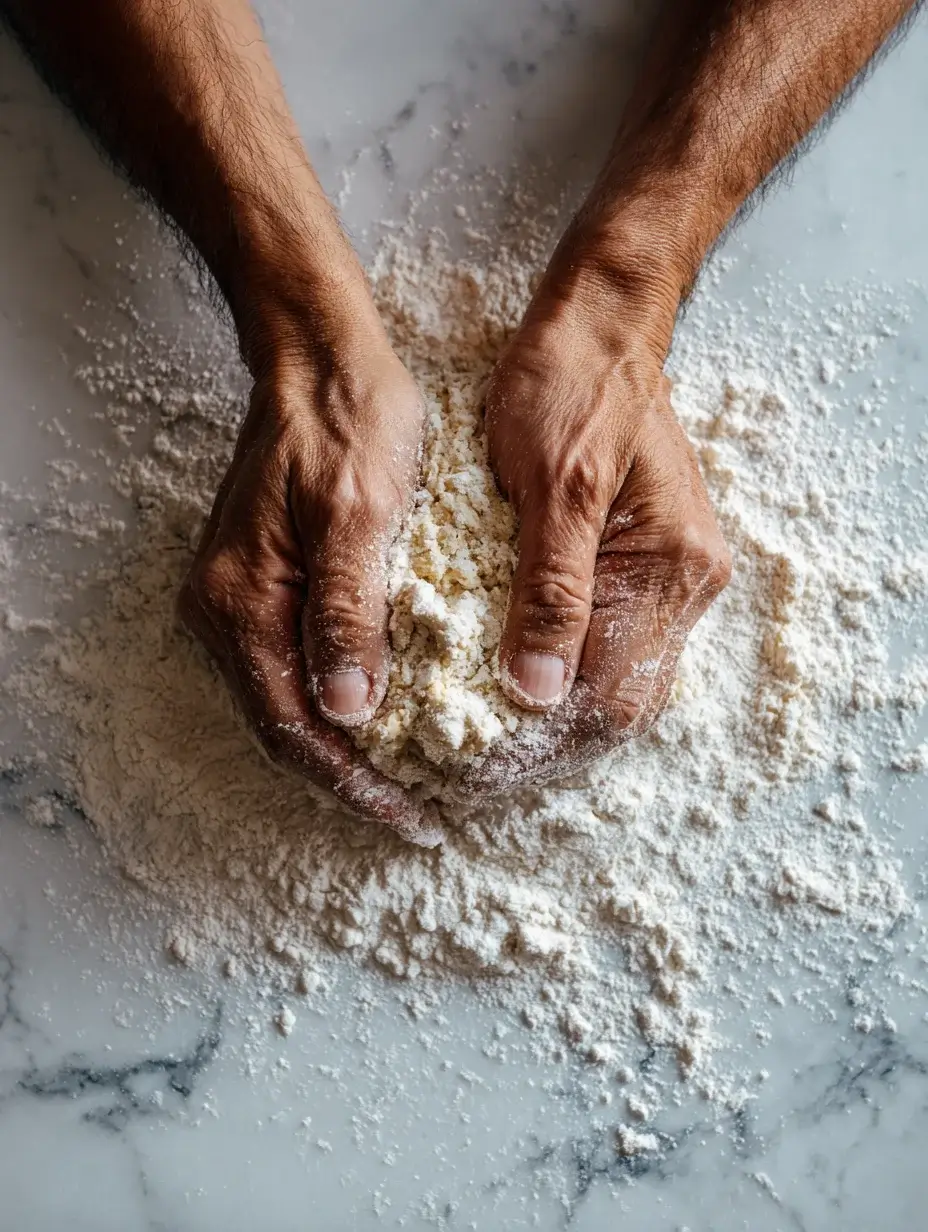 Homemade pizza dough being kneaded on marble counter