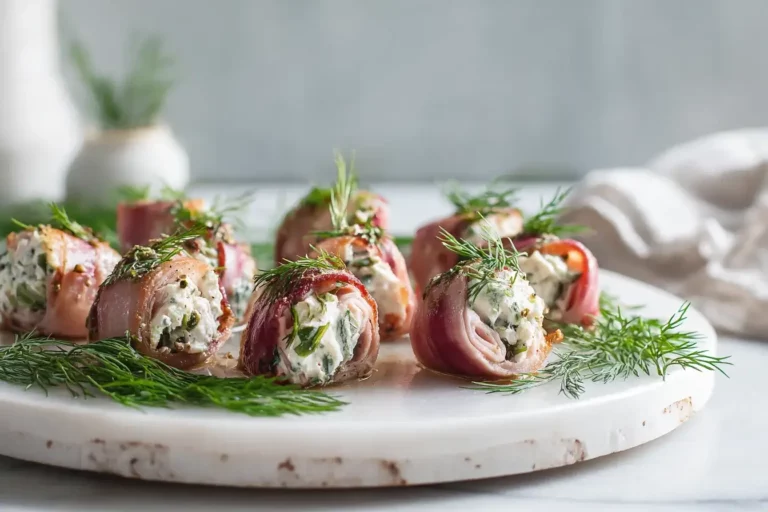 Cream cheese pickle bites appetizer on marble counter
