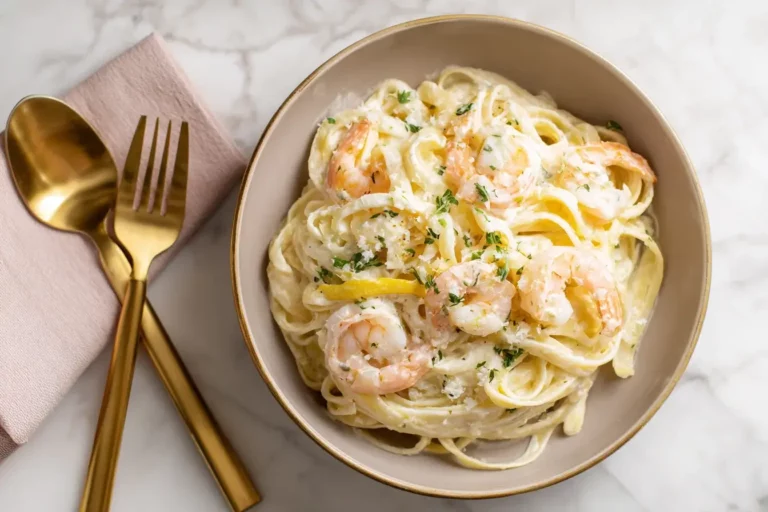 Lemon ricotta pasta with shrimp in ceramic bowl