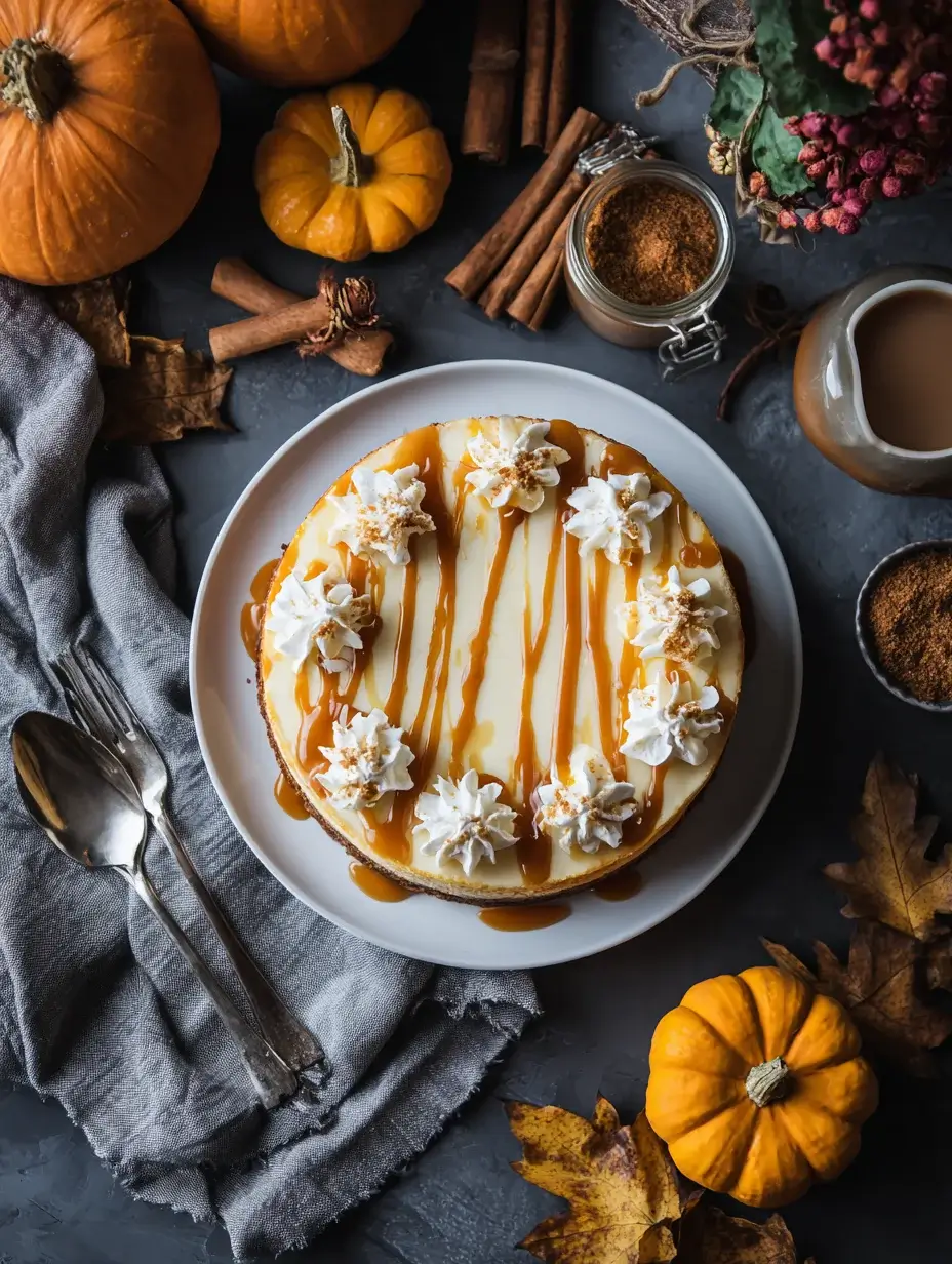 pumpkin cake cheesecake with caramel drizzle and autumn decor