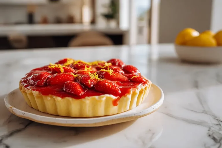 DTI lemon strawberry pie on marble countertop