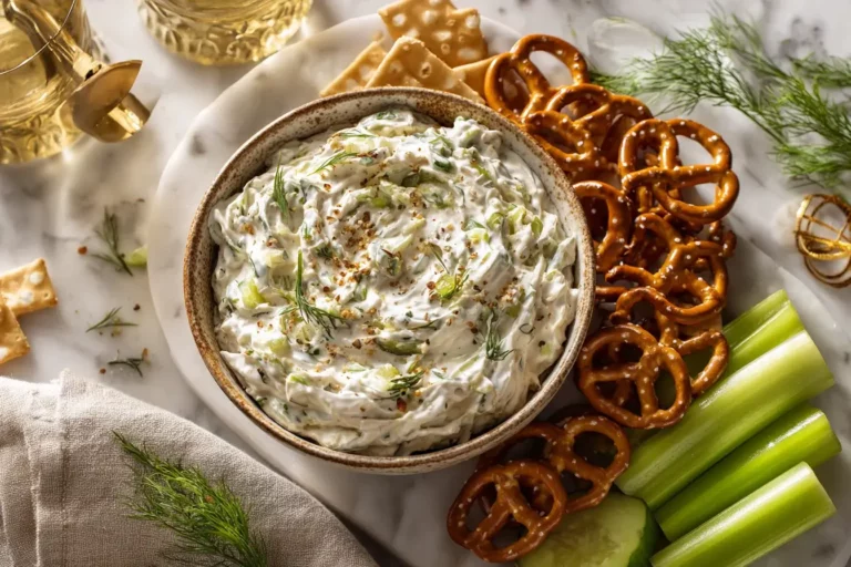 Dill pickle wrap dip served with crackers and celery