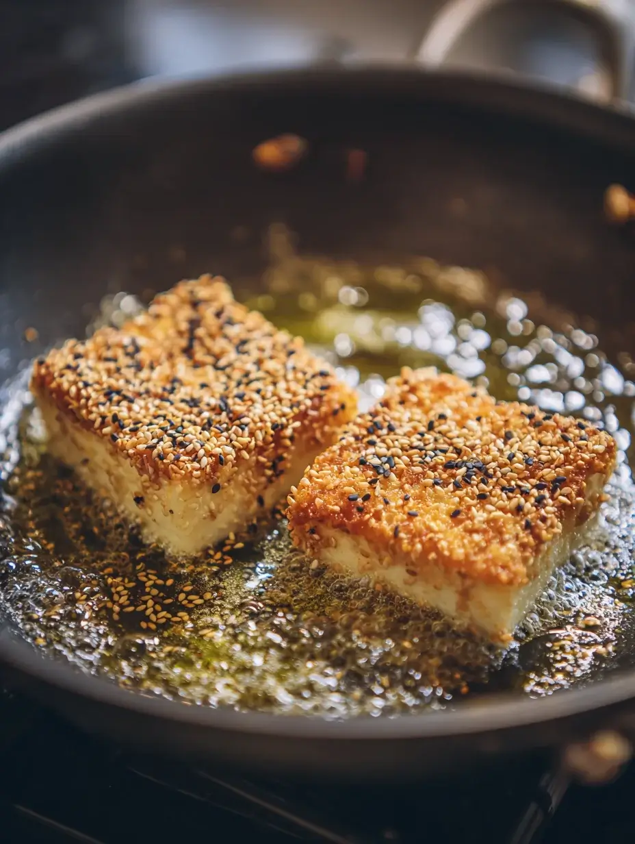 Frying feta saganaki with sesame in pan