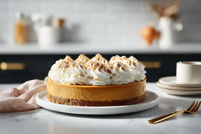 pumpkin cake cheesecake on marble counter in modern kitchen