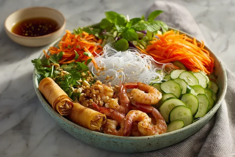 Spring roll vermicelli salad with shrimp, herbs, and dressing in a modern kitchen