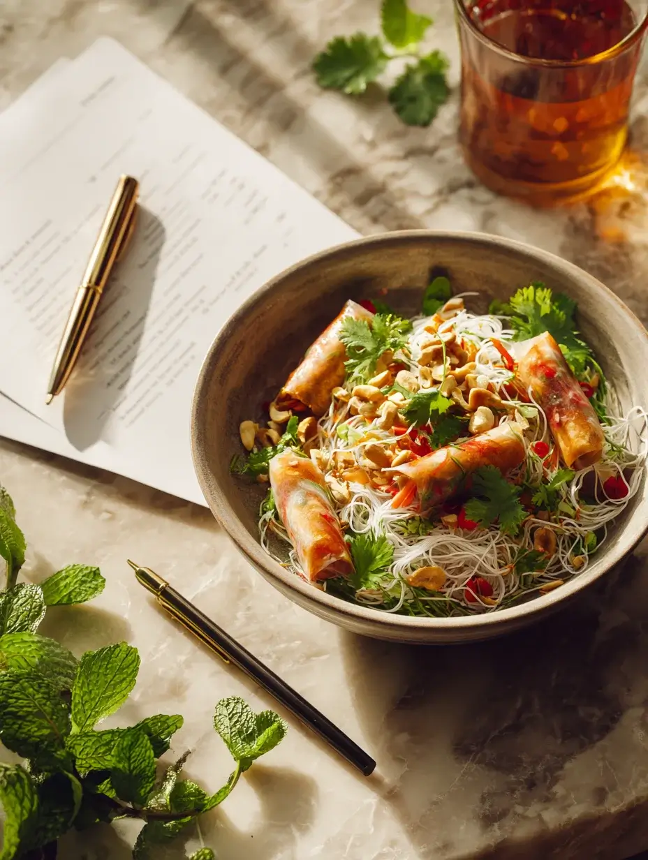 Spring roll vermicelli salad recipe card on marble counter

