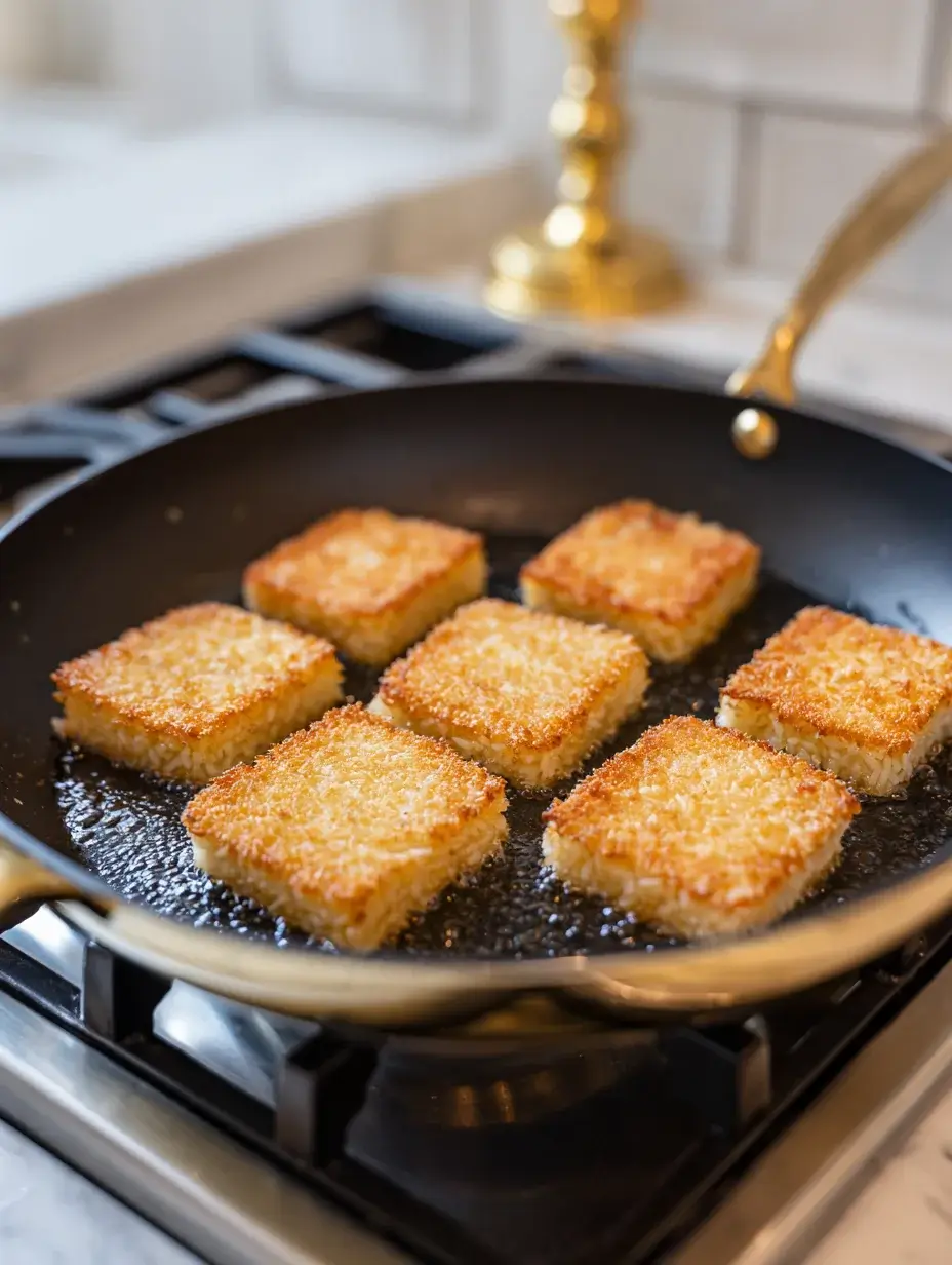 frying rice squares in skillet