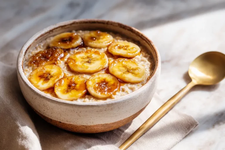 Caramelised banana oatmeal in a rustic bowl on marble counter