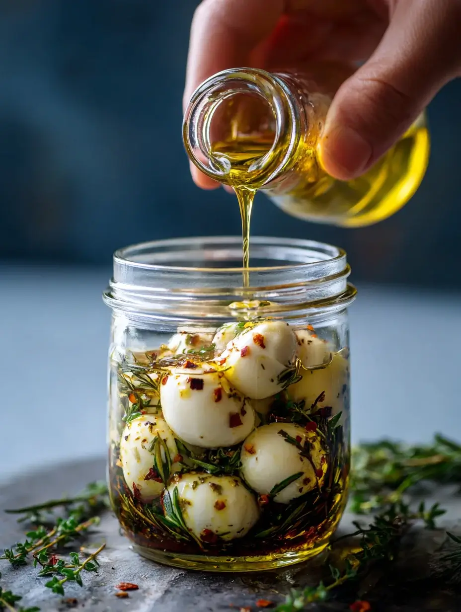 pouring oil over mozzarella cheese balls
