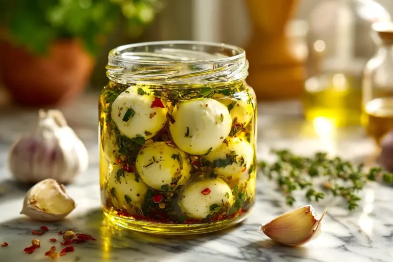 marinated mozzarella cheese balls in olive oil with herbs