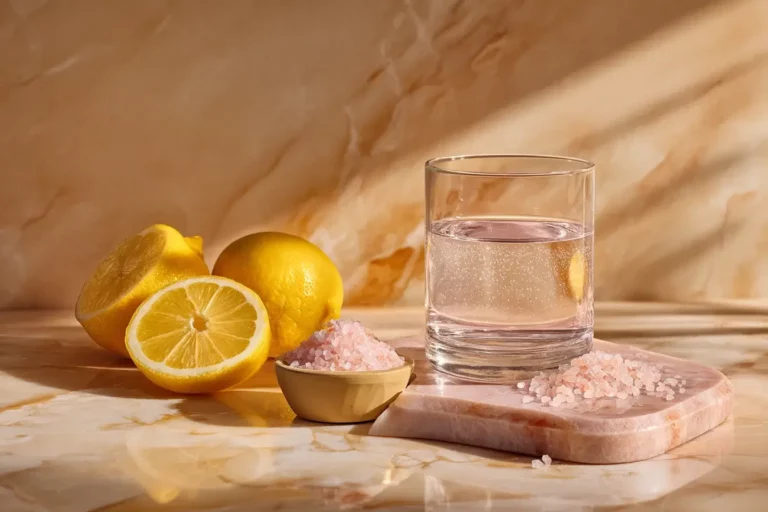 Himalayan pink salt electrolyte drink in a glass with lemon