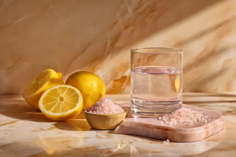 Himalayan pink salt electrolyte drink in a glass with lemon