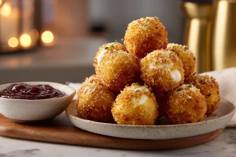 Crispy mozzarella cheese balls served on a marble counter