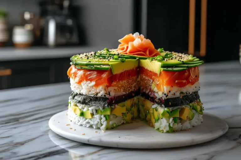 Sushi cake on marble countertop