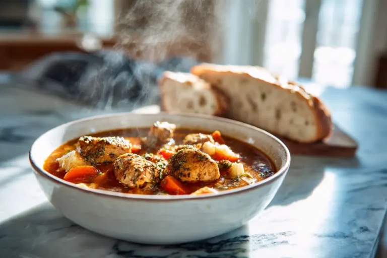 Slow Cooker Garlic Parmesan Chicken Stew served in a bowl.