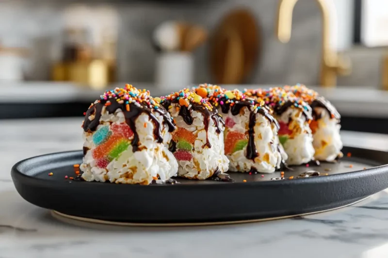 Sweet Halloween roll candy sushi on marble counter
