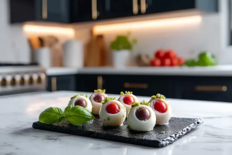 Antipasto eyeballs Halloween appetizer on black platter