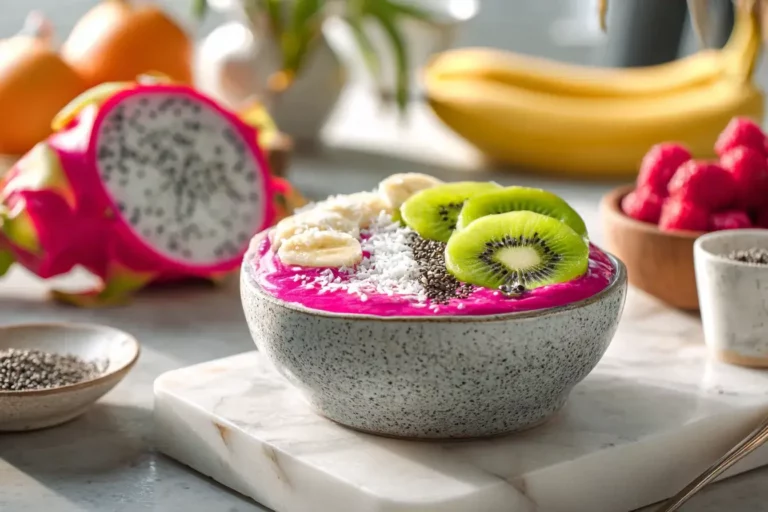 Dragon fruit smoothie bowl with fresh tropical toppings