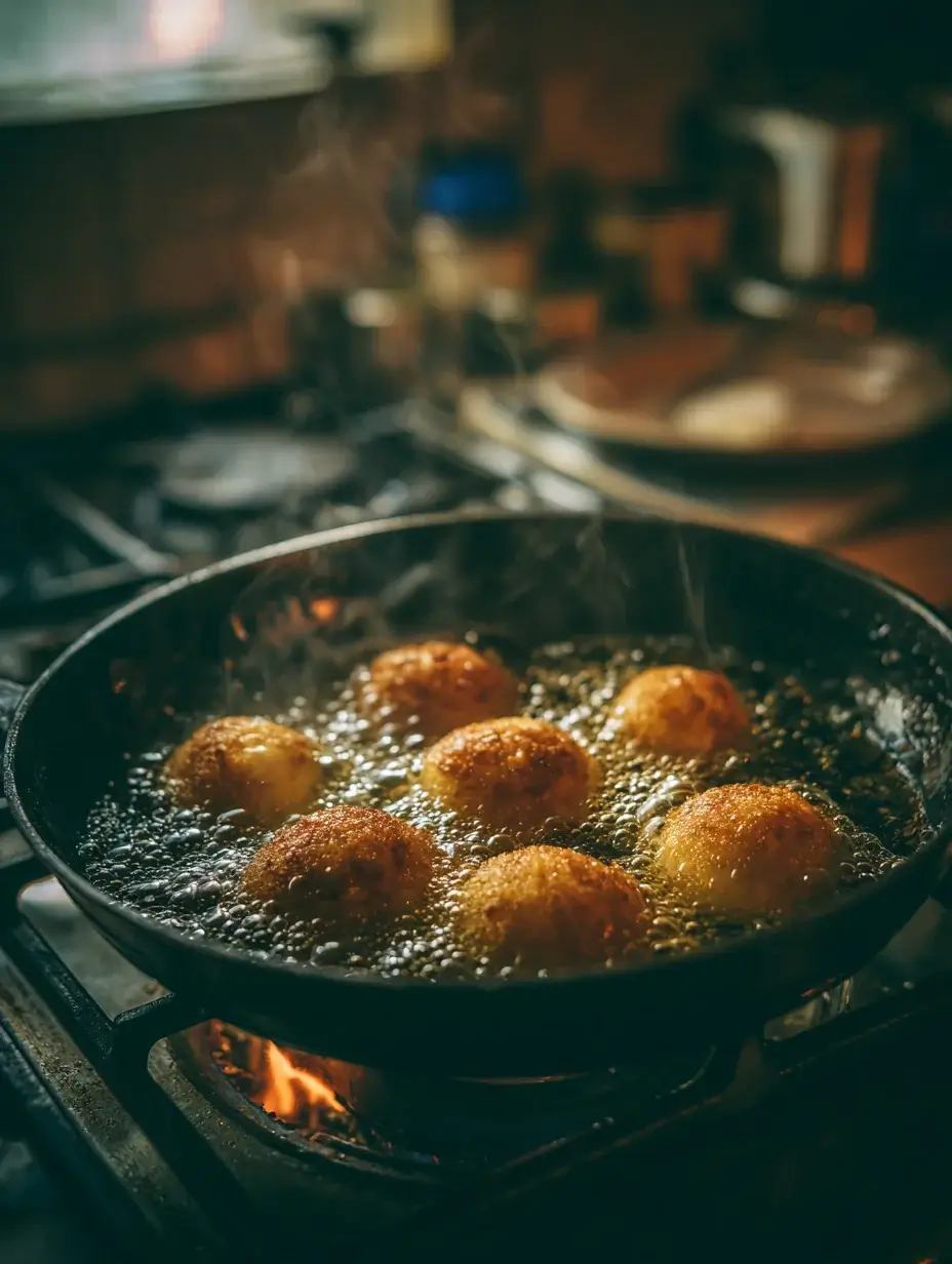 Mozzarella cheese balls frying until golden