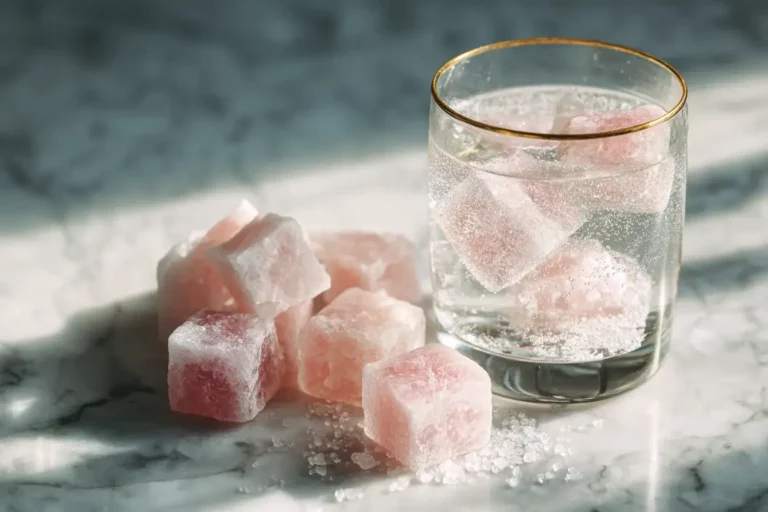 Glass with pink salt ice cubes on marble.