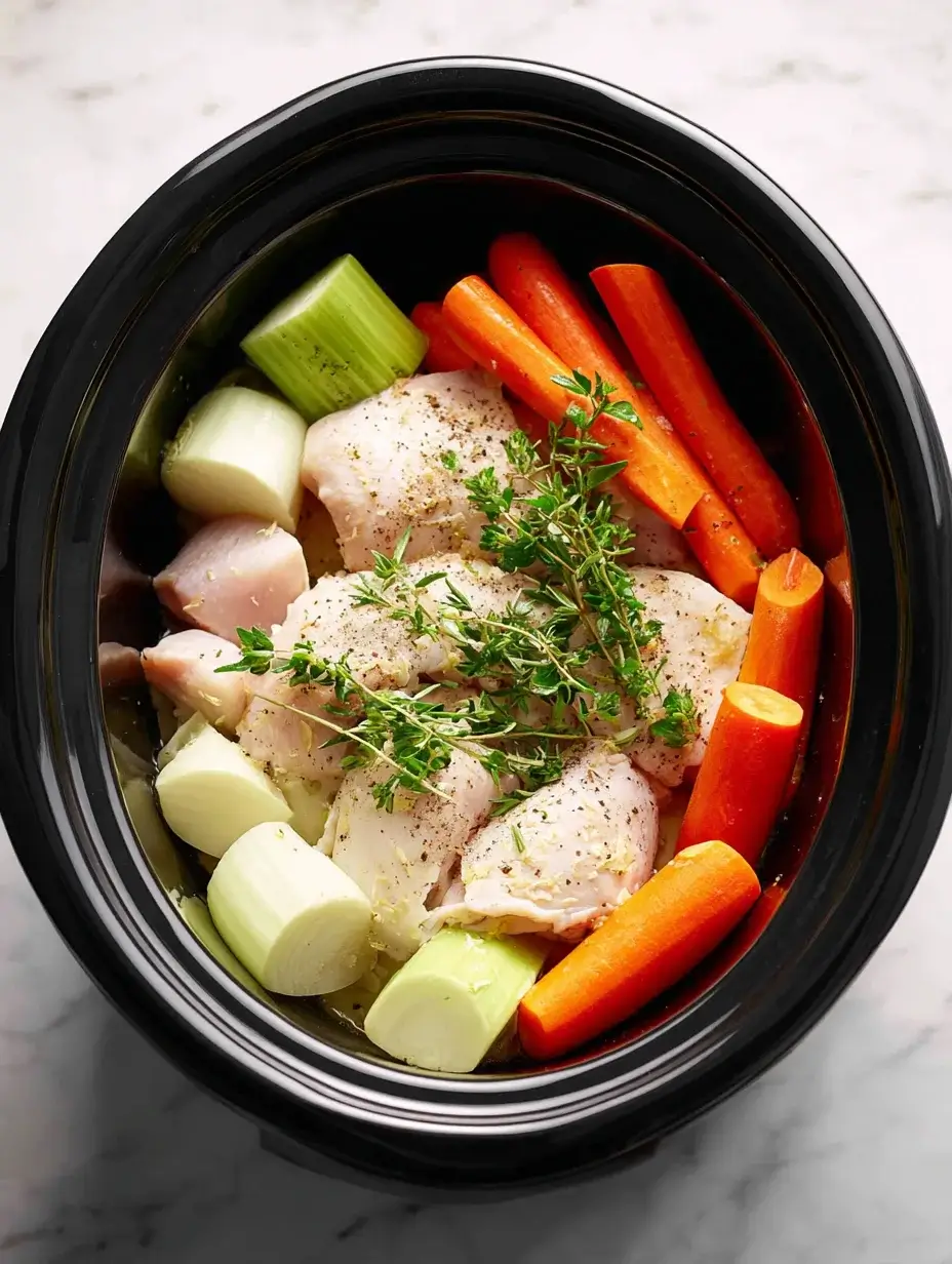 Ingredients placed into slow cooker for stew.