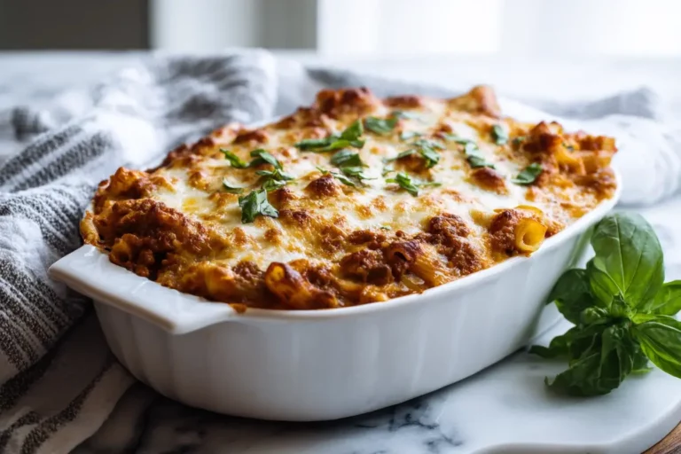 Slow cooker baked ziti with melted cheese and basil.