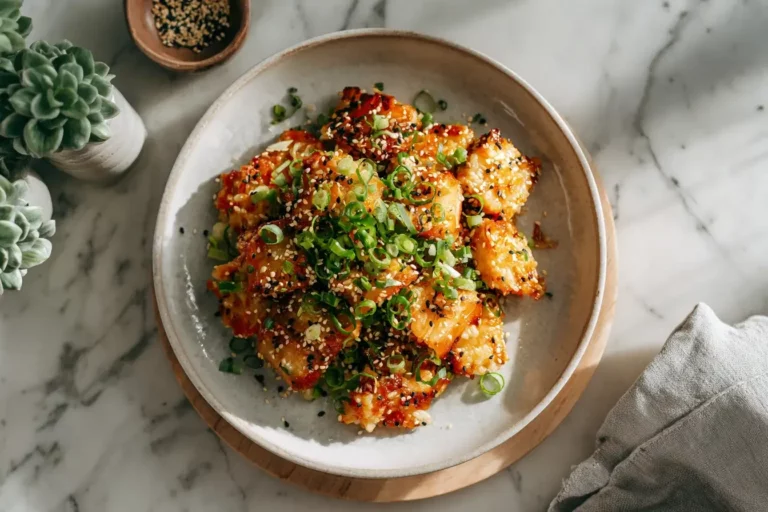 salmon crispy rice served on ceramic plate
