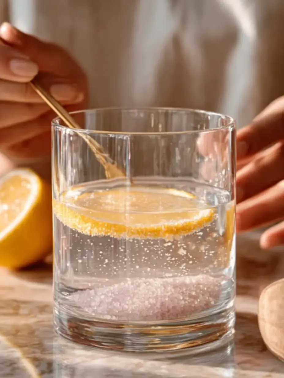 Stirring pink salt into water for electrolyte drink