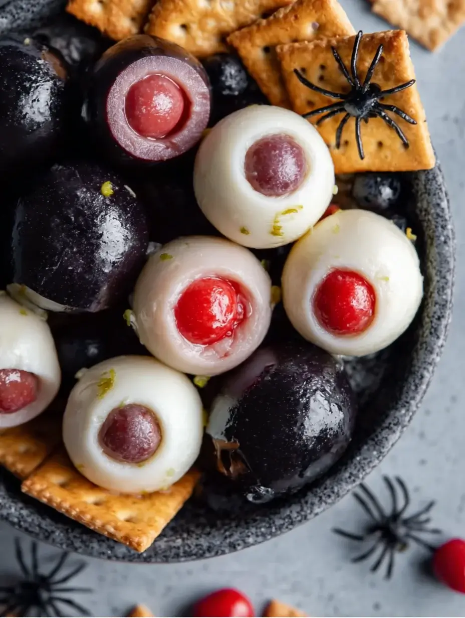 Serving antipasto eyeballs for Halloween party