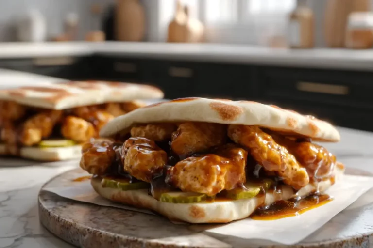 soft bread with sweet crunchy chicken on marble counter