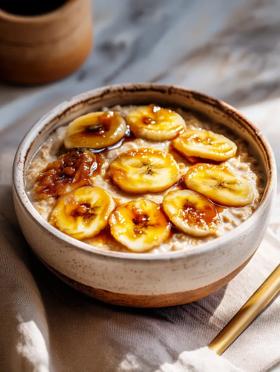 Served caramelised banana oatmeal with toppings