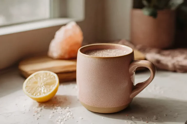 Pink salt trick recipe drink in a ceramic mug on marble.