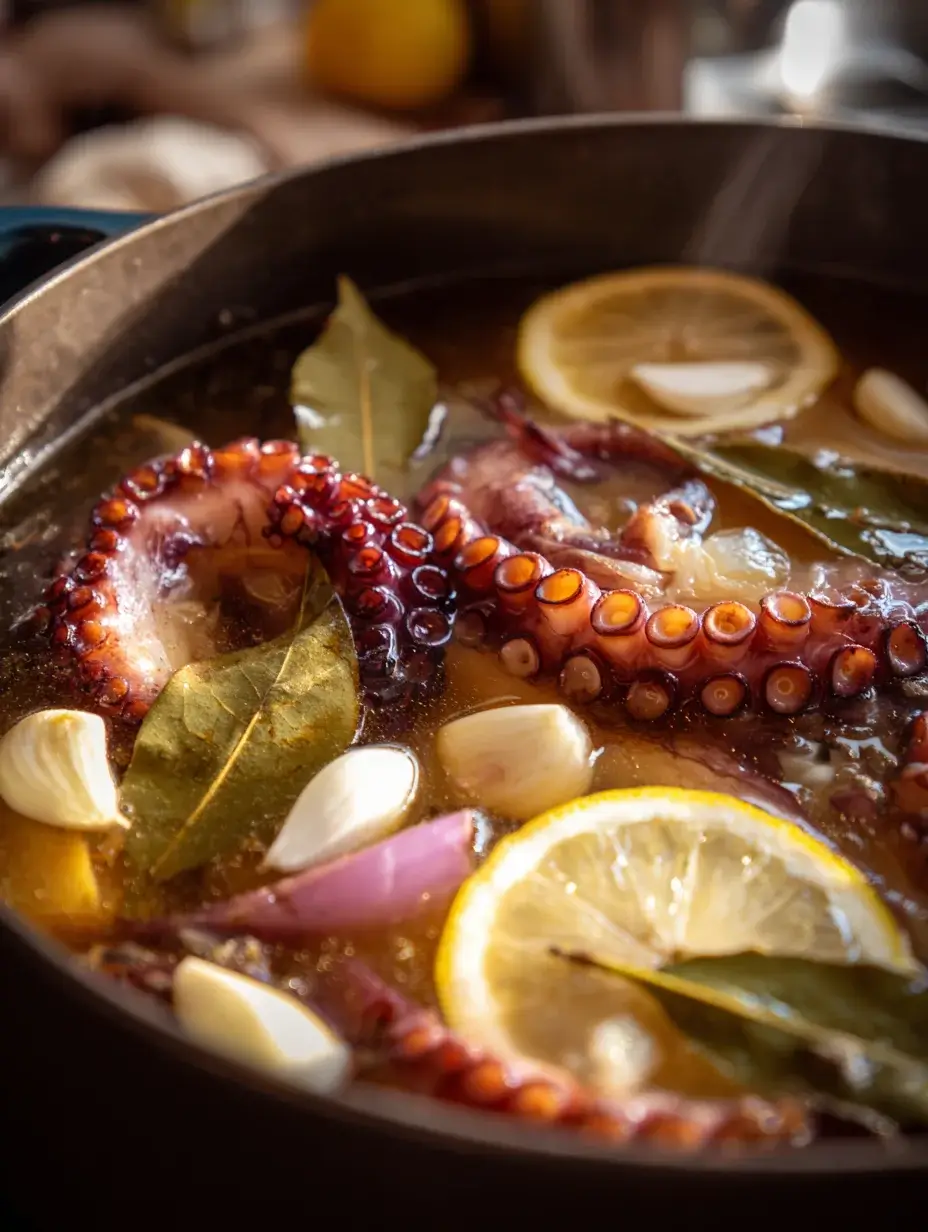 Octopus simmering in pot with lemon and herbs