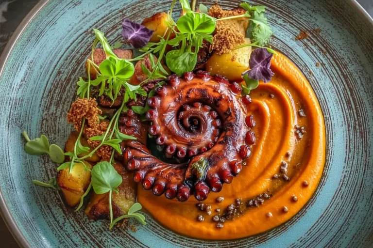 Charred octopus plated with smoked paprika purée and chickpea crisps