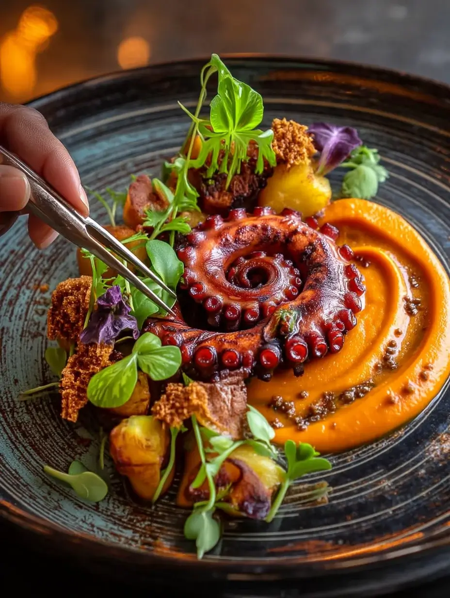 Plating charred octopus with paprika purée and crisps