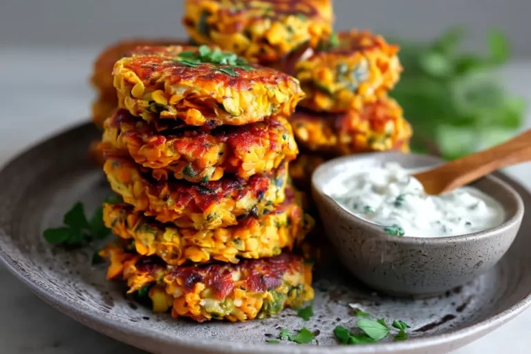 Pumpkin & lentil fritters with coriander yogurt dip on marble countertop.