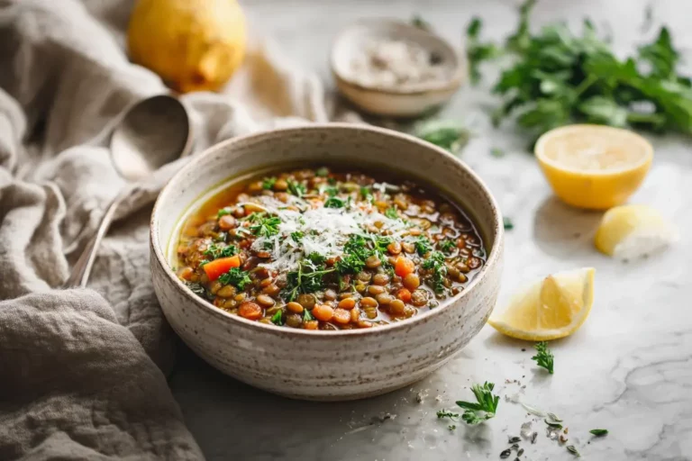 Italian lentil soup in a rustic bowl with parsley and Parmesan.