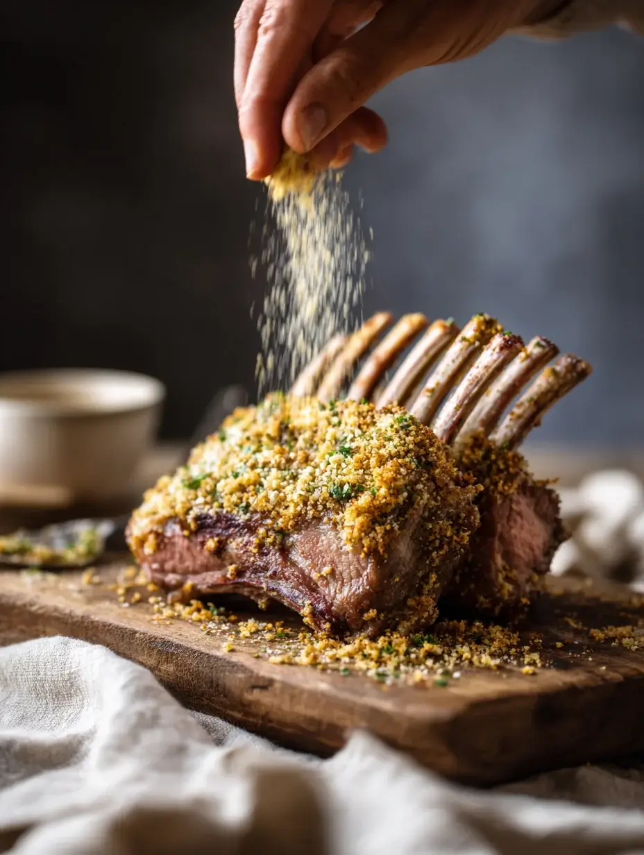 Applying herb crust to seared rack of lamb with Dijon mustard.