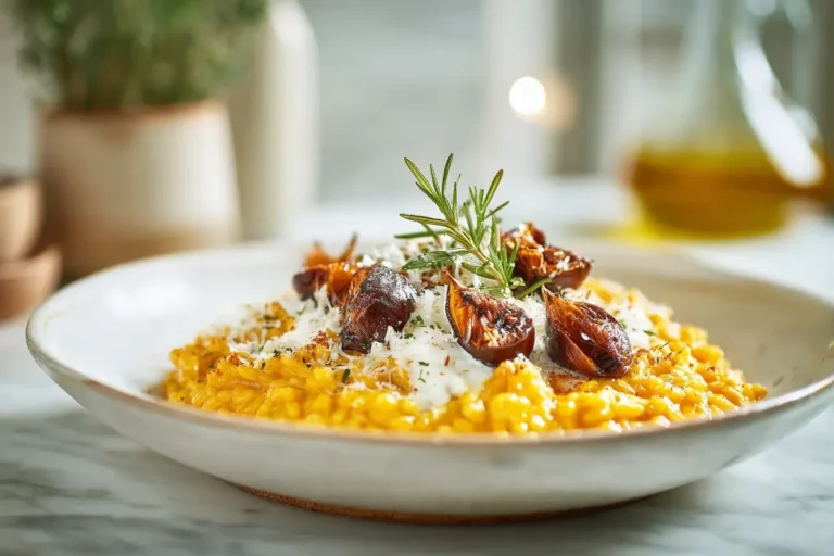 Pumpkin and chestnut risotto served with rosemary cream and toasted chestnuts on marble countertop
