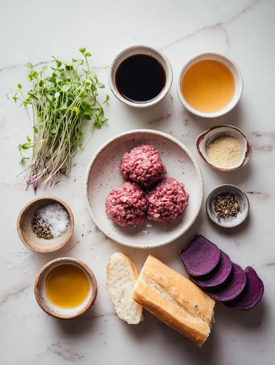 Ingredients for Glazed Beef Meatball on Purple Yam Purée & Toasted Baguette.