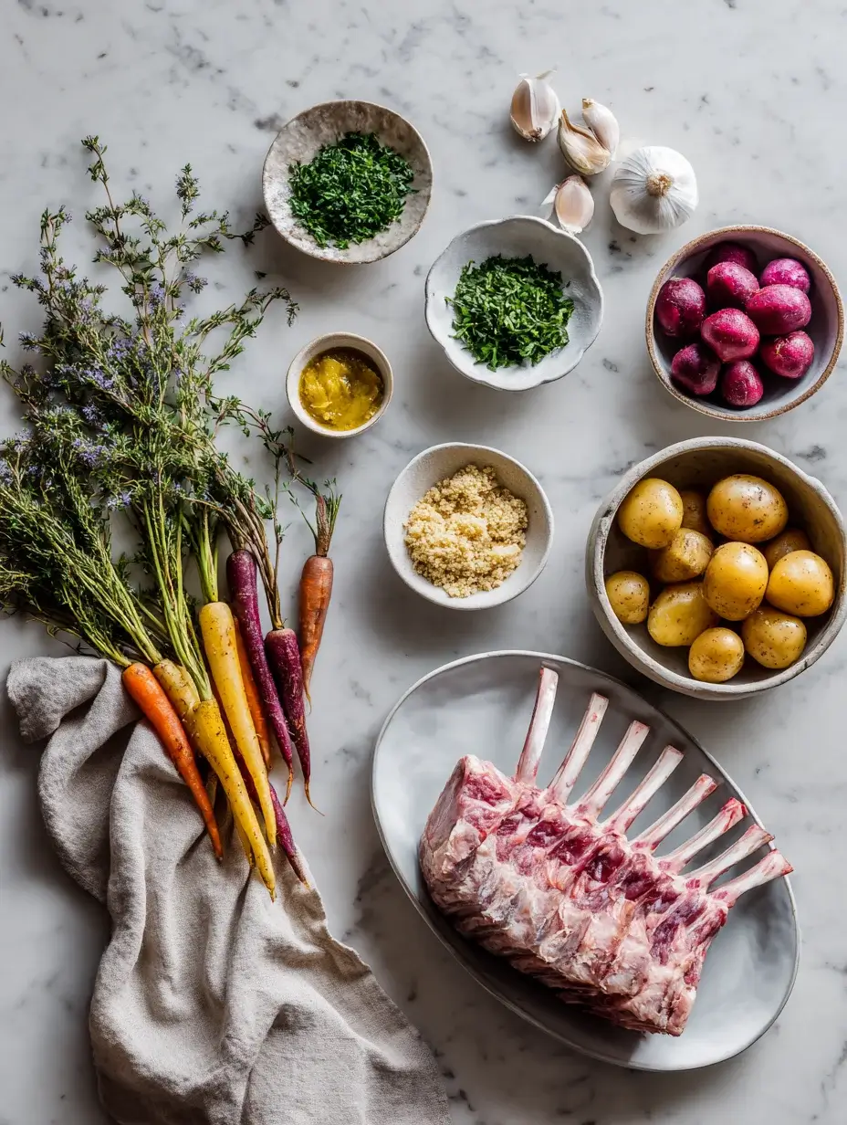 Ingredients for Herb-Crusted Rack of Lamb arranged on a marble counter.