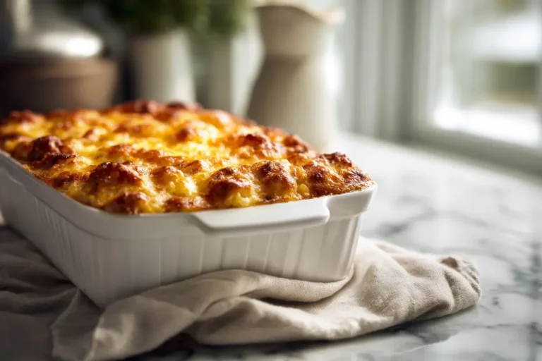 Cheesy hamburger rice casserole baked golden in a white dish on marble countertop