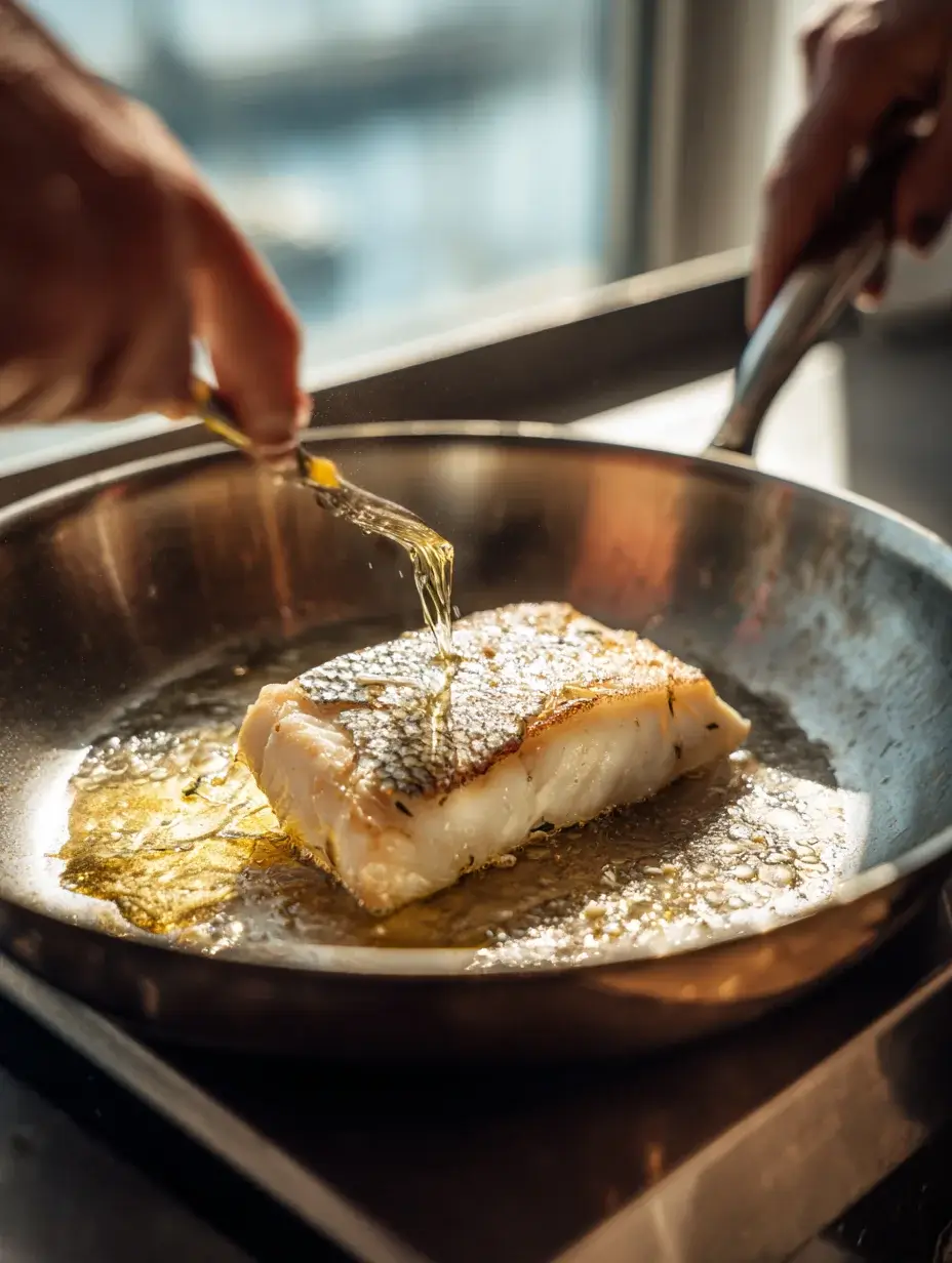 Sea bass fillets being seared in a hot skillet with butter