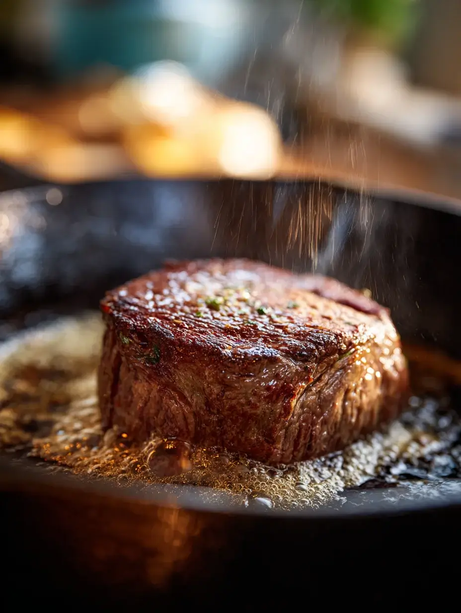 Searing beef tenderloin in a cast-iron skillet for Beef Tataki Spoons.
