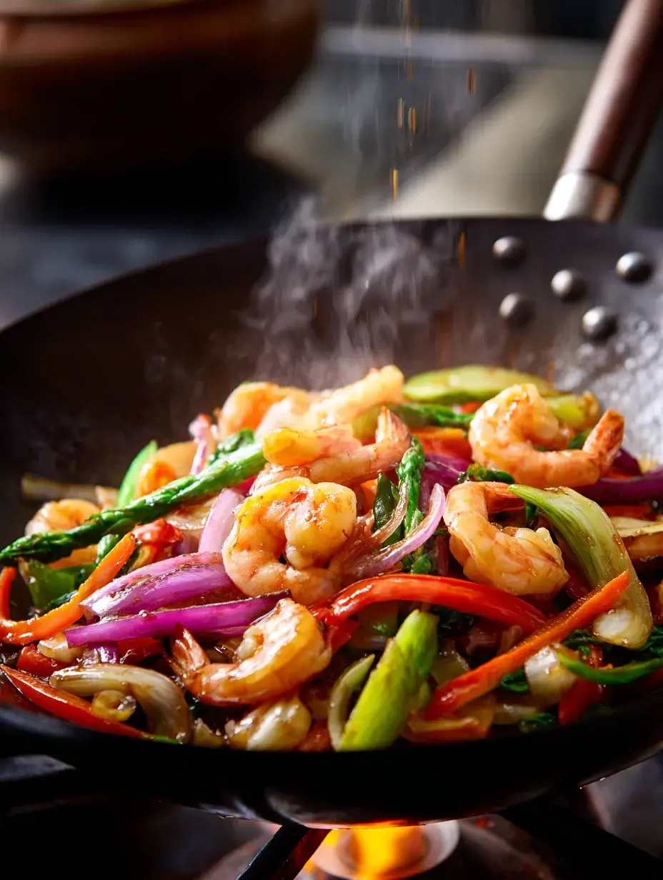 Shrimp and vegetables tossed together in wok with sauce.