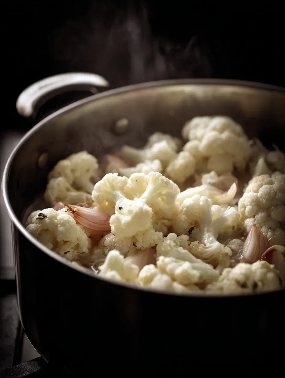 Cauliflower cooking in stock with shallots and garlic.