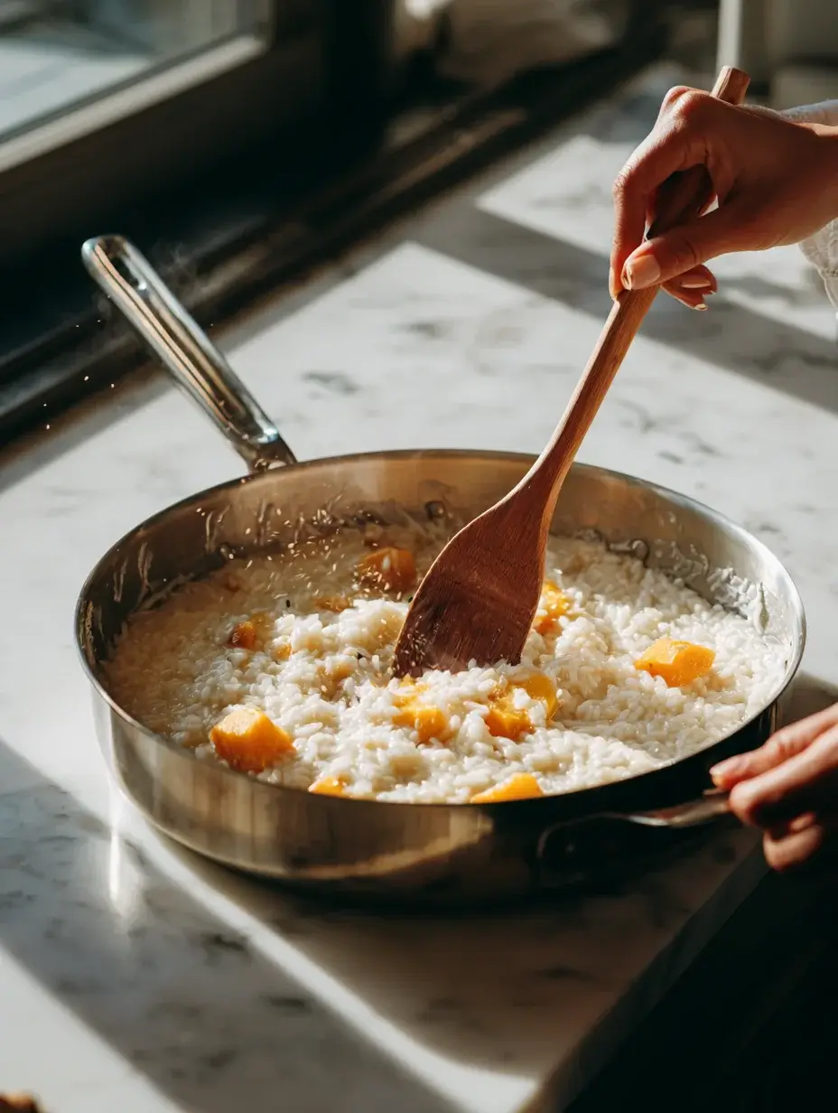 Stirring creamy pumpkin risotto in a pan with wooden spoon.